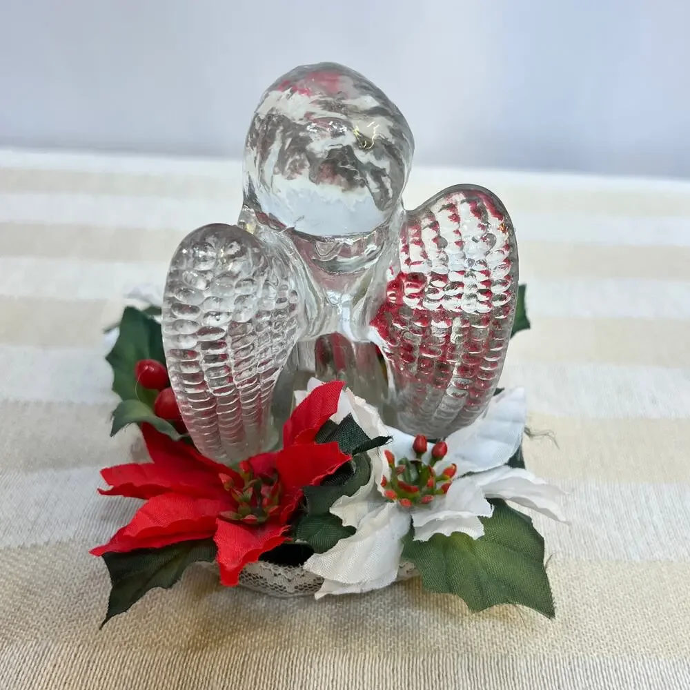 Clear Glass Angel Candleholder Vintage Christmas Artificial Poinsettias 4.25